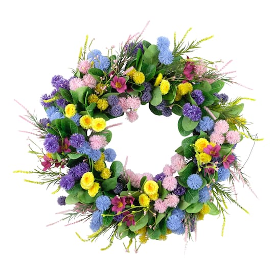 24" Pink, Blue & Yellow Spring Echinops & Chrysanthemum Floral Wreath
